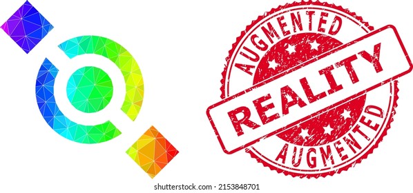Red round textured AUGMENTED REALITY stamp seal and low-poly joint node icon with spectral colored gradient.