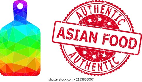 Red Round Textured AUTHENTIC ASIAN FOOD Stamp Seal And Lowpoly Cutting Board Icon With Spectral Colored Gradient. Triangulated Spectrum Colored Cutting Board Polygonal Symbol Illustration.