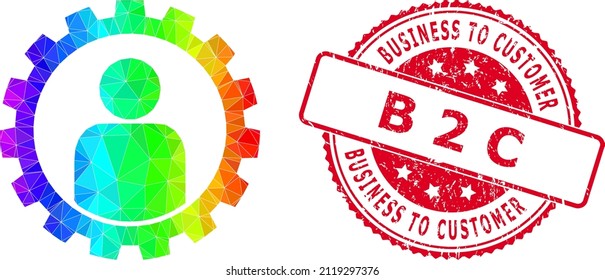 Red round textured BUSINESS TO CUSTOMER B 2 C stamp and lowpoly customer setup gear icon with spectrum colorful gradient.