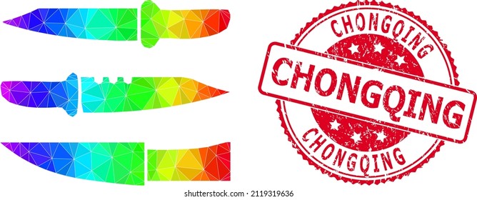 Red round textured CHONGQING badge and low-poly knives icon with spectrum colorful gradient. Triangulated spectrum vibrant knives polygonal icon illustration with Chongqing textured round red badge.