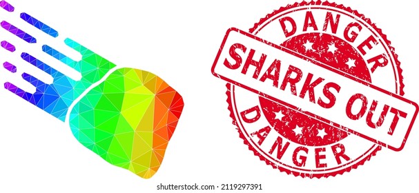 Red round textured DANGER SHARKS OUT seal and lowpoly stone meteorite icon with spectrum vibrant gradient. Triangulated spectrum vibrant stone meteorite polygonal icon illustration.