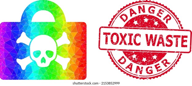 Red round textured DANGER TOXIC WASTE stamp seal and lowpoly mortal case icon with rainbow colored gradient. Triangulated spectrum colorful mortal case polygonal icon illustration.