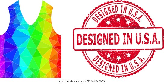 Rojo redondo texturizado DISEÑADO EN EE.UU. Icono de marca y dorado de bajo nivel con gradiente de color espectral. Ilustración de ícono poligonal vibrante espectral triangulado con Diseñado en EE.UU.