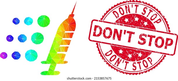 Red round textured DON'T STOP stamp and lowpoly fast vaccine icon with spectrum colorful gradient.