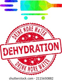 Red round textured DRINK MORE WATER DEHYDRATION seal and lowpoly rolling wine delivery icon with spectral vibrant gradient.