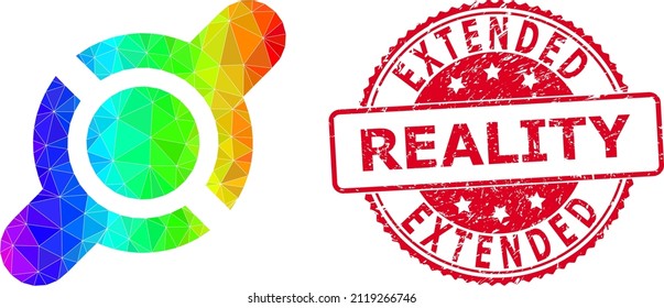 Red round textured EXTENDED REALITY badge and lowpoly joint connection icon with rainbow colored gradient.