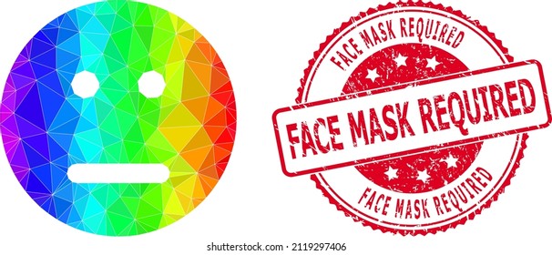 Red round textured FACE MASK REQUIRED stamp and lowpoly neutral smiley icon with spectrum vibrant gradient. Triangulated spectrum vibrant neutral smiley polygonal symbol illustration.