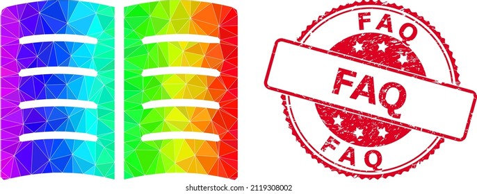 Sello de FAQ rojo redondo texturizado e icono de libro abierto bajo polos con gradiente de color arcoiris. Icono poligonal de libro abierto triangulado arcoíris colorido con FAQ estampado rojo redondo sucio.
