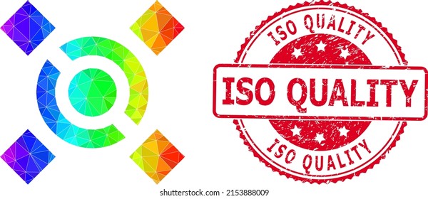 Red round textured ISO QUALITY stamp seal and lowpoly central link icon with spectral colored gradient. Triangulated rainbow colorful central link polygonal icon illustration.