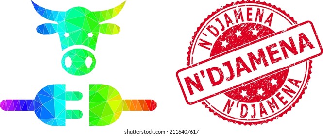 Red round textured N'DJAMENA stamp seal and lowpoly farm power supply icon with spectral vibrant gradient. Triangulated rainbow colorful farm power supply polygonal icon illustration.