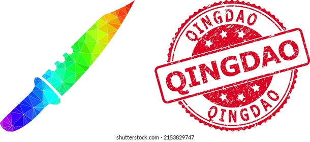 Red round textured QINGDAO stamp seal and low-poly knife icon with spectral colorful gradient. Triangulated spectrum colorful knife polygonal 2d illustration. and Qingdao grunge round red seal print.