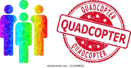 Sello QUADCOPTER redondo rojo texturizado e icono de personal bajo con gradiente de color arcoiris. Espectro triangulado vibrante personal de 2d ilustración poligonal. y Quadcopter corroyó la marca de agua roja redonda.
