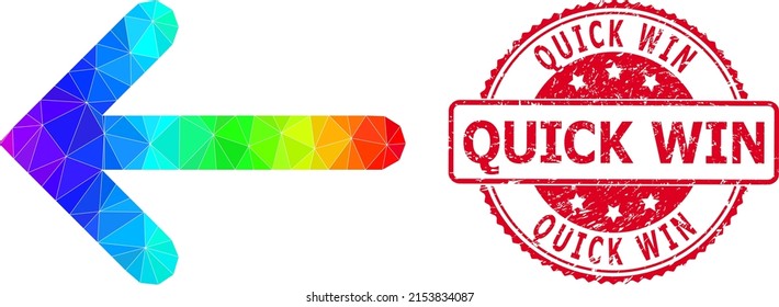 Red round textured QUICK WIN stamp seal and lowpoly left arrow icon with spectral colorful gradient. Triangulated rainbow colorful left arrow polygonal symbol illustration.