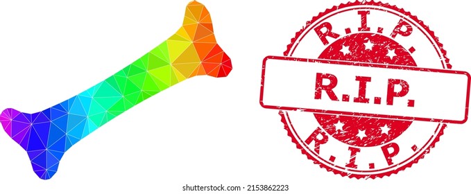 Red round textured R.I.P. stamp seal and lowpoly bone icon with rainbow colorful gradient. Triangulated rainbow colorful bone polygonal icon illustration with R.I.P. grunge round red stamp seal.