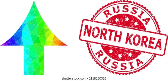 Red round textured RUSSIA NORTH KOREA stamp seal and lowpoly up arrow icon with spectral vibrant gradient.