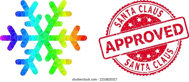 Red round textured SANTA CLAUS APPROVED seal and low-poly snowflake icon with rainbow colored gradient. Triangulated rainbow colored snowflake polygonal symbol illustration.