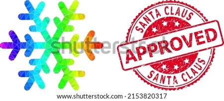 Red round textured SANTA CLAUS APPROVED seal and low-poly snowflake icon with rainbow colored gradient. Triangulated rainbow colored snowflake polygonal symbol illustration.
