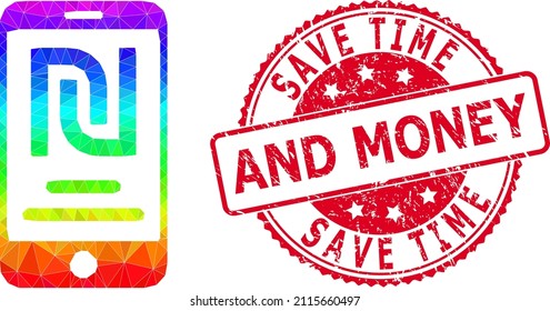 Red round textured SAVE TIME AND MONEY stamp and low-poly shekel mobile account icon with spectral colored gradient.