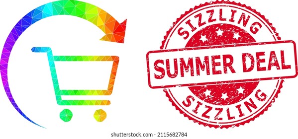 Red Round Textured SIZZLING SUMMER DEAL Stamp Seal And Low-poly Repeat Purchase Order Icon With Spectrum Colored Gradient.