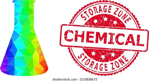 Red round textured STORAGE ZONE CHEMICAL seal and lowpoly chemical retort icon with spectrum vibrant gradient.