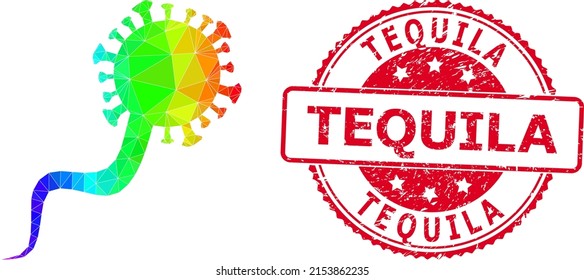 Red round textured TEQUILA stamp seal and lowpoly virion virus icon with spectrum vibrant gradient.