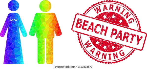 Red round textured WARNING BEACH PARTY badge and low-poly married groom and bribe icon with spectrum colored gradient.