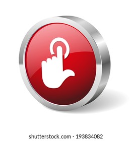 Red round touch sign button with metallic border on white background