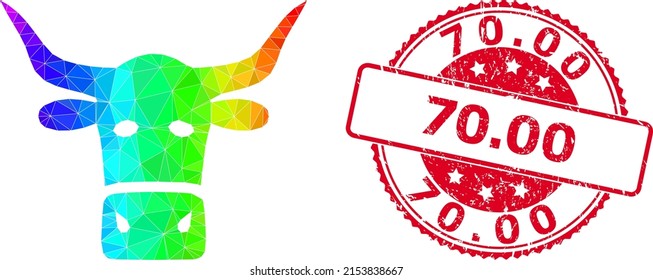 Red round unclean 70.00 stamp and low-poly livestock head icon with rainbow vibrant gradient. Triangulated spectrum colored livestock head polygonal 2d illustration. and 70.