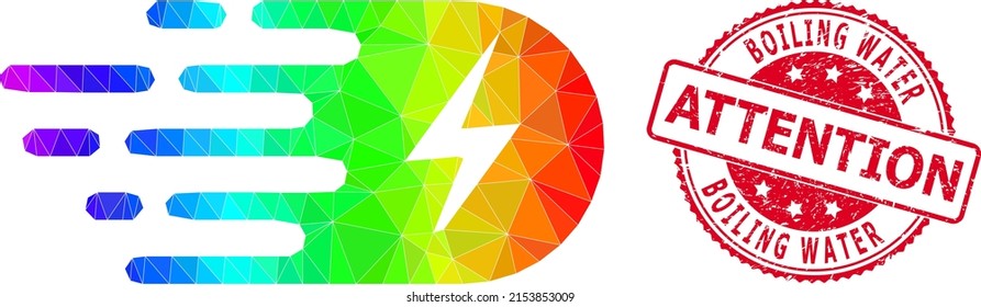 Red round unclean BOILING WATER ATTENTION stamp and low-poly electricity icon with spectrum colored gradient.