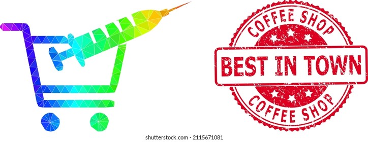 Red round unclean COFFEE SHOP BEST IN TOWN seal and low-poly vaccine shopping icon with rainbow vibrant gradient.