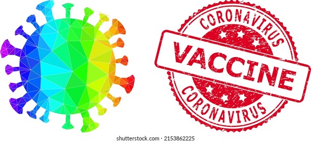 Red round unclean CORONAVIRUS VACCINE seal and low-poly coronavirus cell icon with spectrum vibrant gradient. Triangulated spectrum colorful coronavirus cell polygonal 2d illustration.