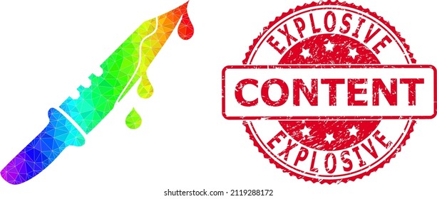 Red round unclean EXPLOSIVE CONTENT badge and lowpoly blood knife icon with rainbow colored gradient. Triangulated rainbow colored blood knife polygonal icon illustration.