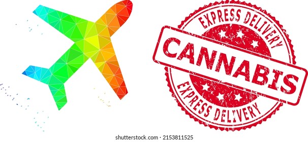 Impuro redondeo rojo EXPRESS REALIZACIÓN CANNABIS sello e icono de bajo polo de la línea de aire volante con gradiente vibrante del espectro. Ilustración de símbolo poligonal del liner de aire volador de color triangulado.