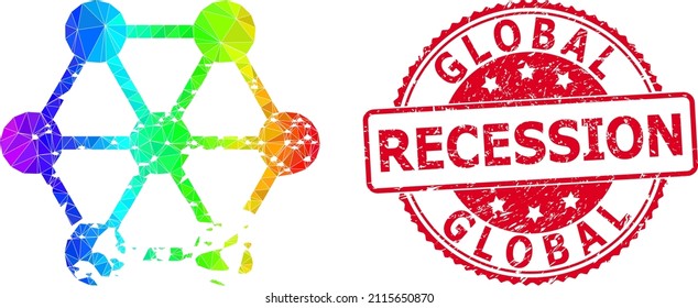 Red round unclean GLOBAL RECESSION badge and low-poly damaged blockchain icon with spectral colored gradient. Triangulated spectrum colorful damaged blockchain polygonal 2d illustration.