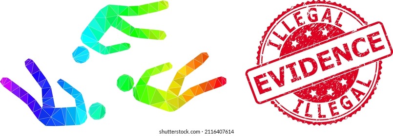 Rojo redondo, impuro sello de EVIDENCIA ILEGAL e icono de los muertos bajos con gradiente de color espectral. Ilustración 2d poligonal de personas muertas de colores del arcoiris triangulado.