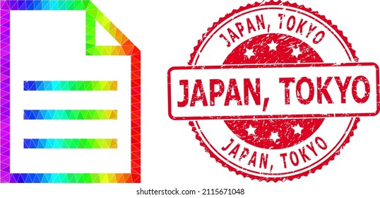 Red round unclean JAPAN, TOKYO seal and lowpoly text page icon with spectral colored gradient. Triangulated spectral colorful text page polygonal icon illustration with Japan,