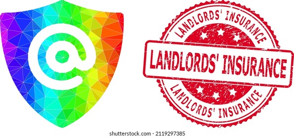 Red round unclean LANDLORDS' INSURANCE stamp seal and lowpoly email address shield icon with rainbow vibrant gradient.