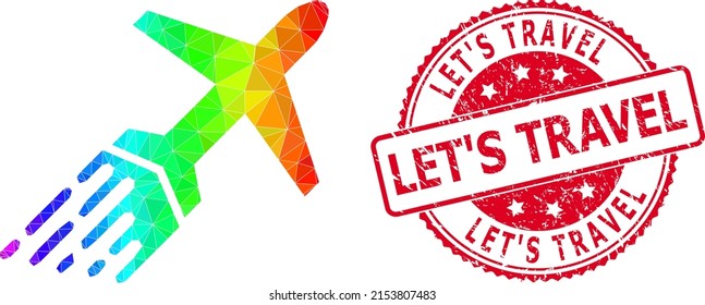 Red round unclean LET'S TRAVEL stamp seal and lowpoly air liner icon with rainbow colored gradient.