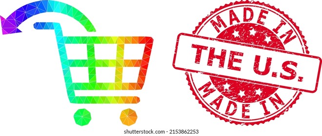 Red round unclean MADE IN THE U.S. badge and low-poly undo shopping order icon with spectrum vibrant gradient. Triangulated spectrum vibrant undo shopping order polygonal icon illustration.