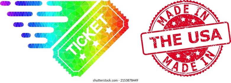 Red round unclean MADE IN THE USA seal and lowpoly ticket icon with spectrum colorful gradient.