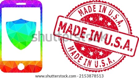 Red round unclean MADE IN U.S.A. seal and low-poly smartphone shield icon with rainbow colorful gradient. Triangulated rainbow vibrant smartphone shield polygonal symbol illustration. and Made in U.S.