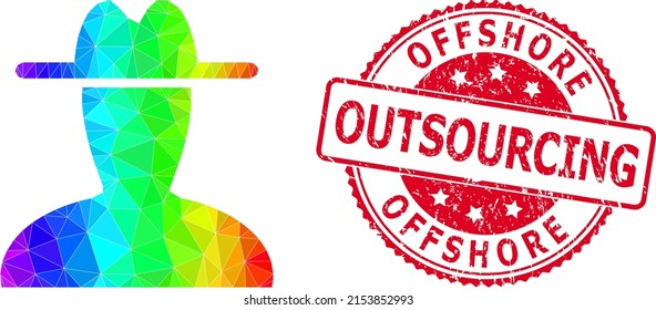 Red round unclean OFFSHORE OUTSOURCING stamp seal and low-poly peasant persona icon with rainbow colorful gradient. Triangulated rainbow vibrant peasant persona polygonal icon illustration.