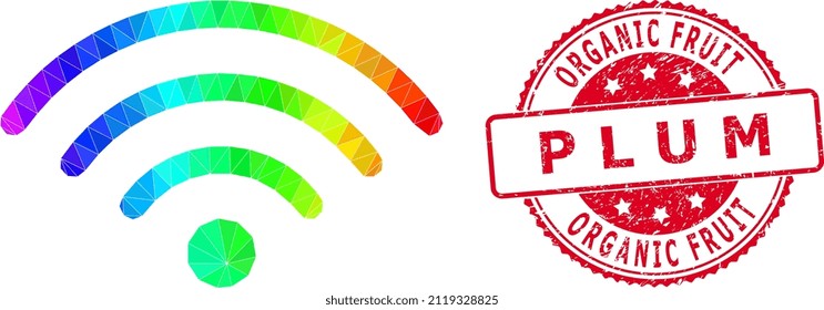 Red round unclean ORGANIC FRUIT P L U M badge and lowpoly Wi-Fi source icon with rainbow colored gradient.