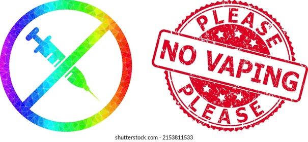 Red round unclean PLEASE NO VAPING stamp seal and lowpoly stop vaccine icon with spectrum vibrant gradient.