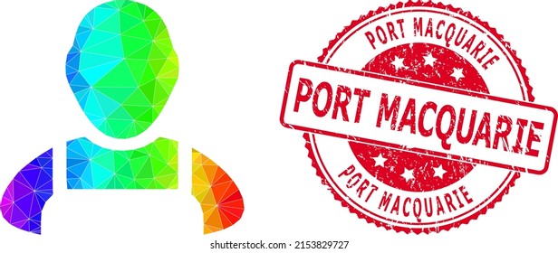 Red round unclean PORT MACQUARIE stamp seal and lowpoly worker icon with rainbow colored gradient. Triangulated spectral colorful worker polygonal icon illustration.