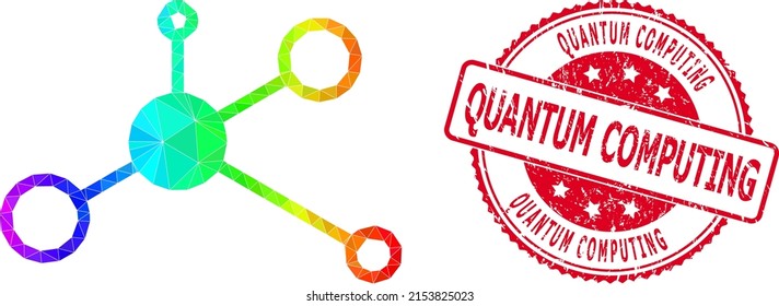 Red round unclean QUANTUM COMPUTING stamp seal and low-poly masternode icon with spectral colored gradient. Triangulated spectral vibrant masternode polygonal icon illustration.