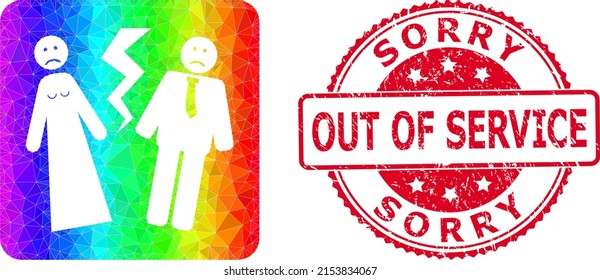 Red round unclean SORRY OUT OF SERVICE stamp seal and low-poly broken wedding icon with spectrum colorful gradient.