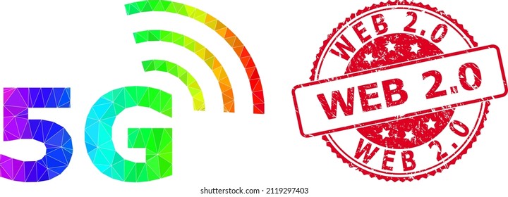 Red Round Unclean WEB 2.0 Stamp Seal And Low-poly 5G Symbol Icon With Spectral Colorful Gradient. Triangulated Spectrum Colored 5G Symbol Polygonal Icon Illustration. And Web 2.