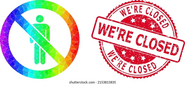 Red round unclean WE'RE CLOSED stamp and low-poly stop man icon with spectrum colored gradient.