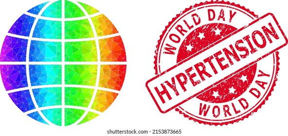 Red round unclean WORLD DAY HYPERTENSION stamp seal and low-poly globe icon with rainbow vibrant gradient.
